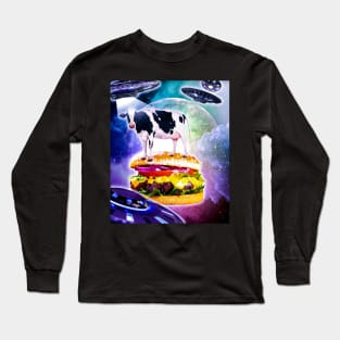 Cow Riding Burger In Space With Ufo Long Sleeve T-Shirt